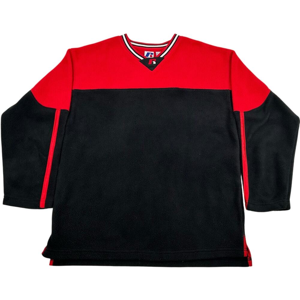 Vintage 90s y2k Men's Black Red Russell Athletic Fleece V Neck Sweatshirt Sz L